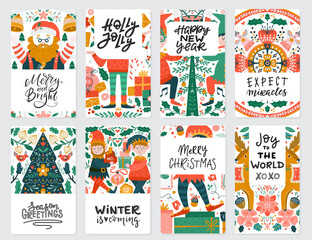 Greeting card with Christmas elves, Santa Clause and scandinavian decorations