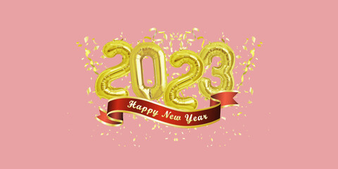 2023 golden decoration holiday on trendy pink background. Shiny party background. 2023 image of gold foil balloons with realistic festive objects, glittering gold confetti and Happy New Year.
