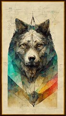 Colorful diagram of a majestic wolf in geometrical colorful lines and shapes