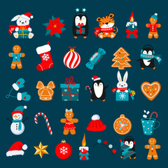 Fototapeta premium Christmas cute characters and elements. Color vector elements. 