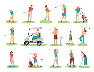 Golf players characters. Children and teenage sportsmen with equipment playing golf on lawn. Male character riding cart