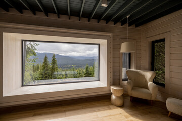 Wooden house interior with panoramic window and scenic view on the mountains. Comfortable lounge place in corner