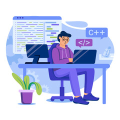 Fototapeta na wymiar Programming software concept. Man developer is programming on laptop. Programmer coding code, working at app project. Template of people scenes. Illustration with characters in flat design