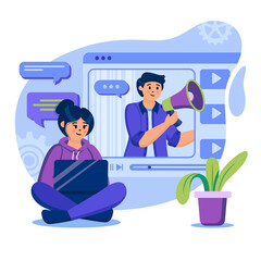 Video marketing concept. Man marketer attracting new audience, promote business. Woman watches video or blogger stream. Template of people scenes. Illustration with characters in flat design