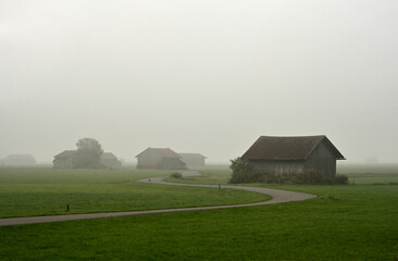 Eine kleine Straße schlängelt durch Wiesenlandschaft und mehreren Holzhütten bei Nebel verhangen...