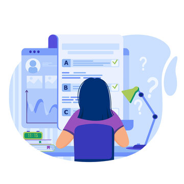 Online testing concept. Woman fills out online questionnaire form by ticking answers, takes exam on remote learning. Template of people scenes. Illustration with characters in flat design