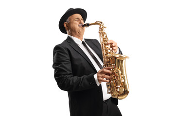 Mature sax player performing
