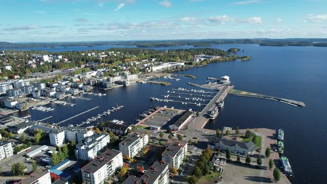 Drone footage of the marina of kuopio city and kallvesi lake  finland Europe
