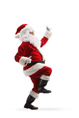 Full length profile shot of happy Santa Claus standing dancing