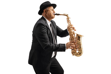Mature musician playing a saxophone