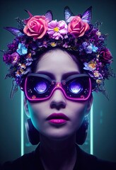 Porträt eines Sci-Fi-Cyberpunk-Mädchens. High-Tech-futuristische Frau aus der Zukunft. Das Konzept der virtuellen Realität und Cyberpunk. © designprojects