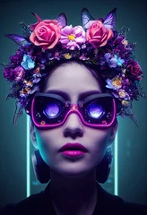 Porträt eines Sci-Fi-Cyberpunk-Mädchens. High-Tech-futuristische Frau aus der Zukunft. Das Konzept der virtuellen Realität und Cyberpunk. © designprojects