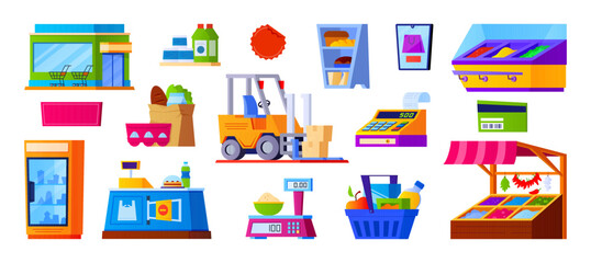 Supermarket and shopping - set of flat design style objects