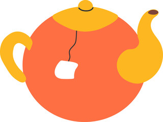 Tea pot vector illustration isolated on transparent background. Vintage teapot of orange and yellow colors with tea bag in it. Simple flat style design