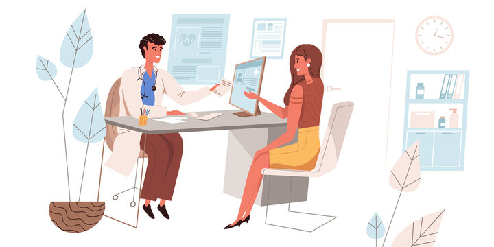 Medical clinic web concept in flat style. Woman visits doctor. Therapist consulting patient, diagnosis and prescription. People character activities scenes. Illustration for website template