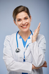 Smiling young doctor woman isolated close up face portrait.