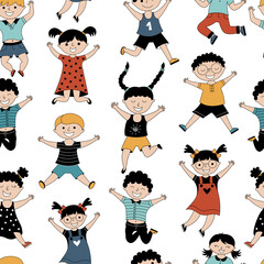 Childish seamless pattern with smiling, happy and jumping kids. Vector background with children in different positions. Can be used for textiles, wallpaper, print, and apparel.