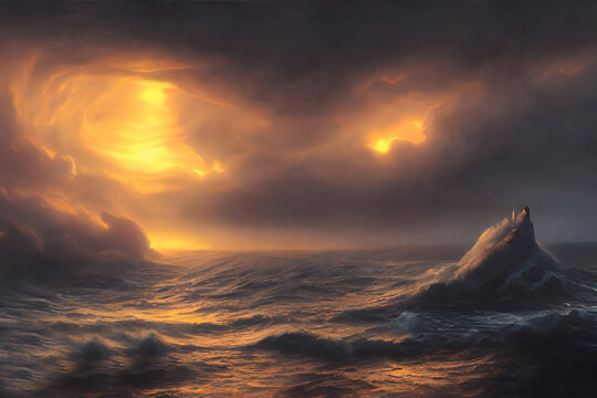 Stormy ocean with heavy clouds.Abstract Painting