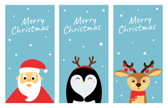 Set of Christmas banners with cute cartoon Santa Claus, penguin and deer characters. Template for invitation, poster, banner