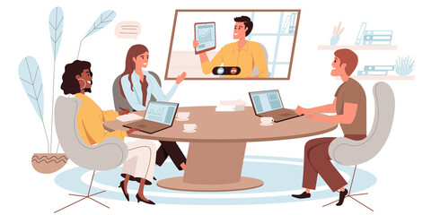 Online conference web concept in flat style. Business meeting of employees via video call. Colleagues discuss work tasks. People character activities scene. Illustration for website template