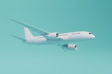 travel by plane. a flying plane on a turquoise background. 3D render