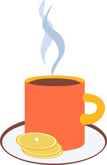 Tea cup with sliced lemon vector illustration isolated on transparent background. Orange and yellow cup of tea or coffee with blue steam floating up. Flat style clip art
