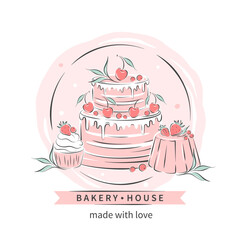 Bakery house. Logo for confectionery or bakery. Сake, cupcake and berries. Vector illustration for menu, recipe book, baking shop, cafe.