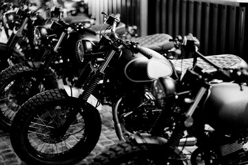 Fototapeta na wymiar Motorbikes in black and white ready to go