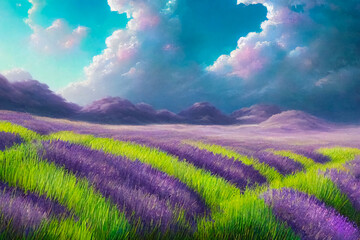 Fototapeta na wymiar Lavender field, beautiful view, white-maned clouds, fantastic landscape