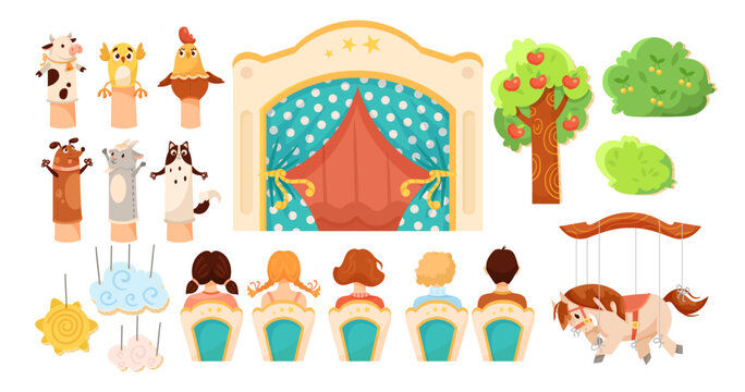 Puppet theater elements and kids vector illustrations set. Animal marionettes as fairytale characters, theatre stage with curtains isolated on white background. Entertainment, childhood concept