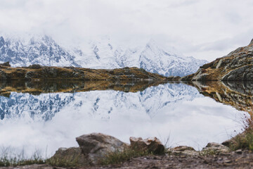 reflection lake in the mountains covered in snow