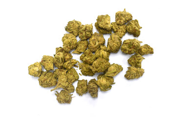 cannabis flower, cannabis, cannabis flower with flowers and shadows on white background