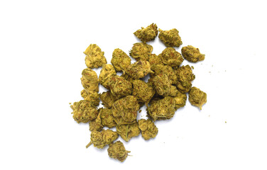 cannabis flower, cannabis, cannabis flower with flowers and shadows on white background