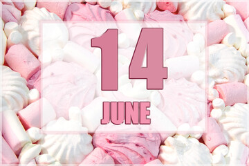 calendar date on the background of white and pink marshmallows. June 14 is the fourteenth  day of the month