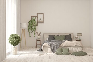 Soft color bedroom interior. Scandinavian design. 3D illustration