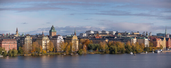 Panorama view over the island district Kungsholmen down town, a sunny autumn in Stockholm