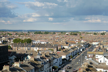 Eastbourne, East Sussex, UK - September 29, 2022. Panoramic view of Ashford road in Eastbourne town centre. High angle view.