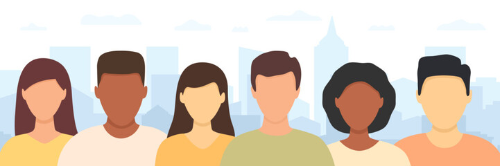 People standing in city. Business team. Human crowd. Vector illustration.