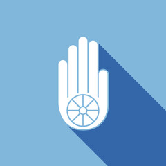 Ahimsa hand icon. Symbol of Jainism isolated on blue background. White icon Ahimsa with long shadow. Non-violence concept. Jainism Ahimsa Hand. Vector illustration