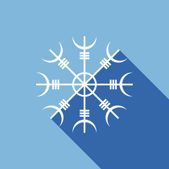 Helm of Awe icon. Helm of terror sign isolated on blue background. White icon Aegishjalmur with long shadow. Icelandic symbol of protection, victory. Banner with nordic tattoos. Vector illustration