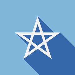 Pentagram icon. Five-pointed star isolated on blue background. White icon pentacle with long shadow. Protective amulet for witches. Banner with nordic tattoos. Vector illustration