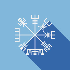 Vegvisir icon. Runic compass sign isolated on blue background. White icon vegvisir with long shadow. Pagan poster with viking compass. Banner with nordic tattoos. Vector illustration