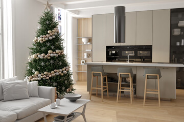 New year tree in scandinavian style interior with christmas decoration and fireplace