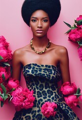 Porträt eines Fantasy-Ebenholzmädchens. Modische Frau mit Blumen. Kreatives schönes Mädchen. © designprojects