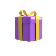 3d purple gift box with yellow ribbon bow isolated on white background. 3D rendering of a modern birthday surprise box. Realistic vector icon for gifts, birthdays or wedding banners