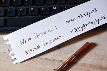 Weak and strong password setting hints on a piece of paper on office desk. Close-up, selective...