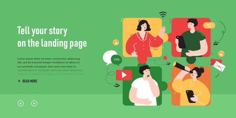 Naklejka premium Team of creative people working online. Flat vector illustration. Puzzle of colleagues communicating on social media, interacting, collaborating. Partnership, teamwork, online, Web, connection concept