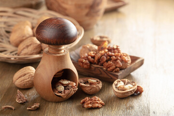 Walnuts on a wooden table.