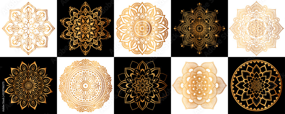 Wall mural Set of gold zentangle mandalas, Mandala for henna, mehendi, tattoo, Decorative ethnic ornamental elements, Oriental patterns