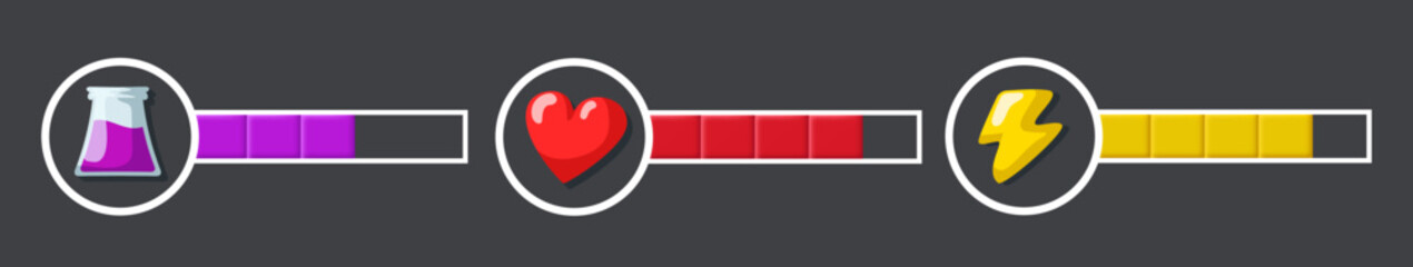 Health, Mana, Energy. Mana bar, energy bar, life bar. Scale for video game. Video game interface elements. Vector clipart isolated on grey background. © graphic_arts